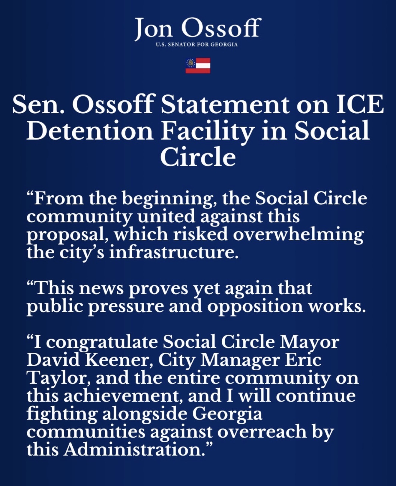 Ossoff celebra cancelación del centro de ICE en Social Circle